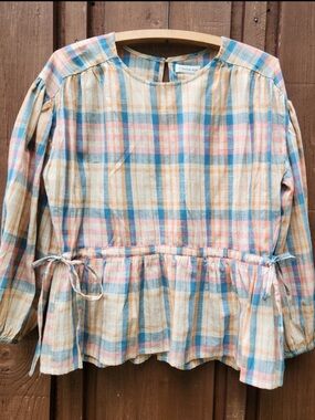 Bronze Age Plaid Peplum Blouse in Pastel Multi